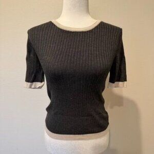 Varsity Gray Cream Trim Soft Knit Ribbed Fitted Short Sleeve Shirt Size Small